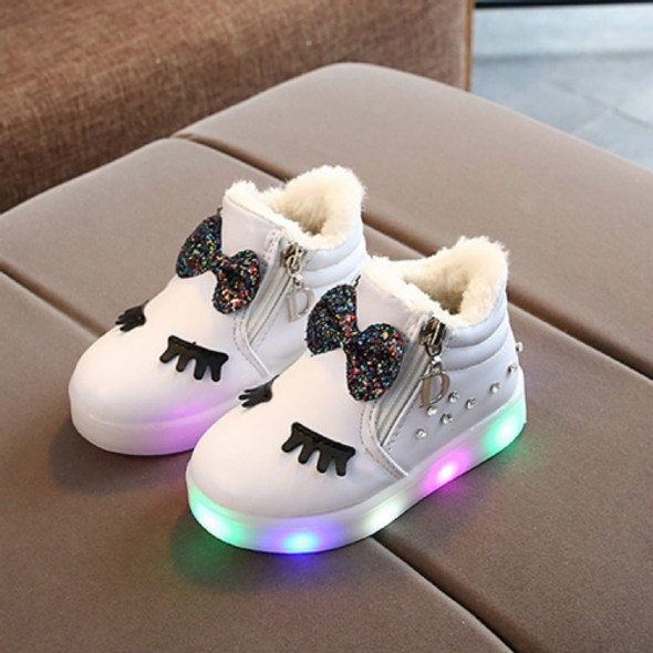 Kids Shoes Baby Infant Girls Eyelash Crystal Bowknot LED Luminous Boots Shoes Sneakers, Size:34(White with Cotton)