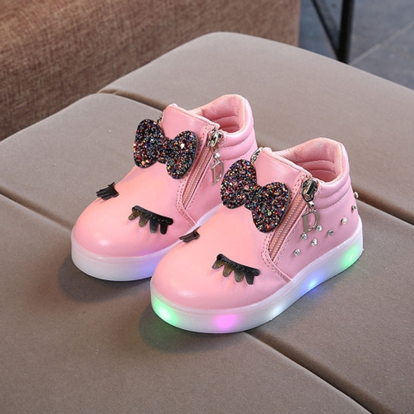 Kids Shoes Baby Infant Girls Eyelash Crystal Bowknot LED Luminous Boots Shoes Sneakers, Size:36(Pink)