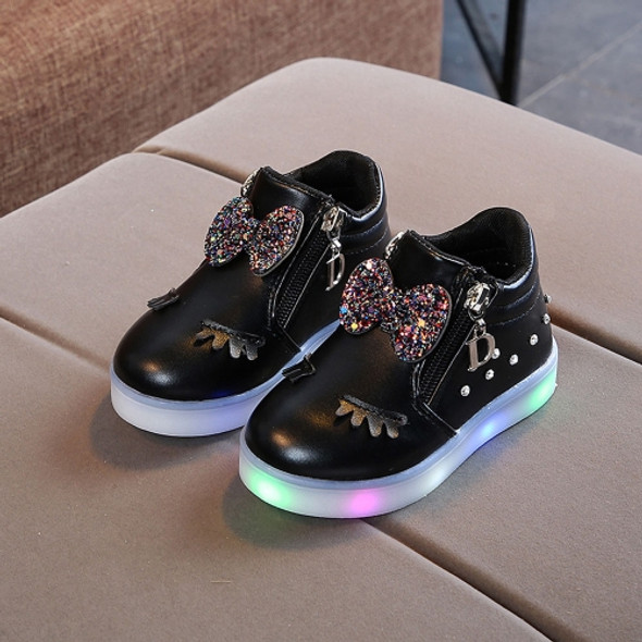 Kids Shoes Baby Infant Girls Eyelash Crystal Bowknot LED Luminous Boots Shoes Sneakers, Size:36(Black)