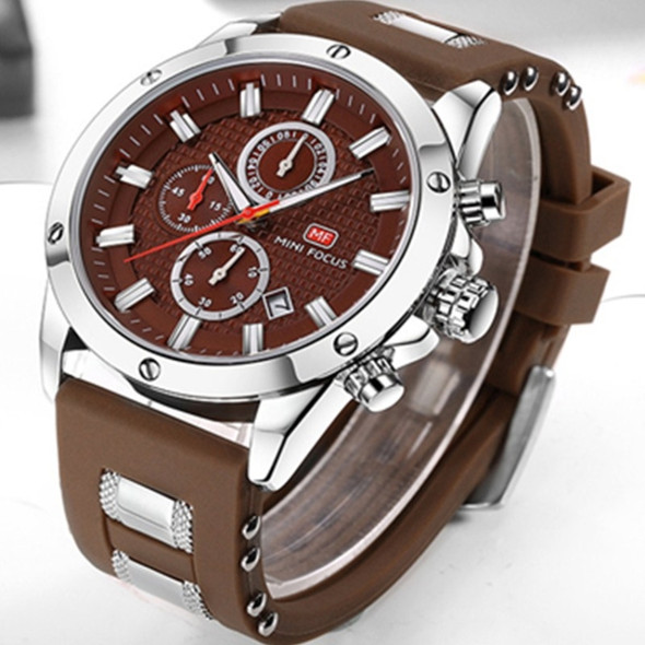 MINI FOCUS MF0089G Waterproof Quartz Watch Luminous Men Sports Watch(Coffee Surface  Silver Shell Brown Belt)