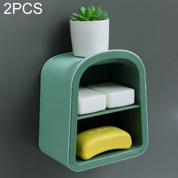 2 PCS Double-layer Magnetic Wall Hanging Soap Box Perforation-free Draining Rack(Green)