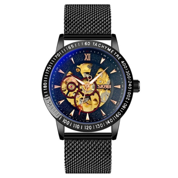 SKMEI 9216 Men Skeleton Automatic Mechanical Watch Stainless Steel Band Luminous Watch(Black Shell Black Noodle)