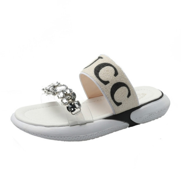 Letters Rhinestone Flat Bottom Women Slides Slippers, Size:35(White)