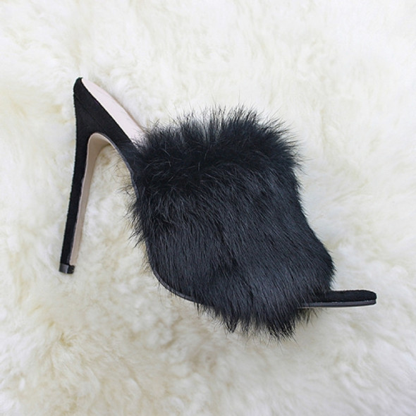 Rabbit Fur High Heel Sandals Party Women Shoes, Size:38(Black)