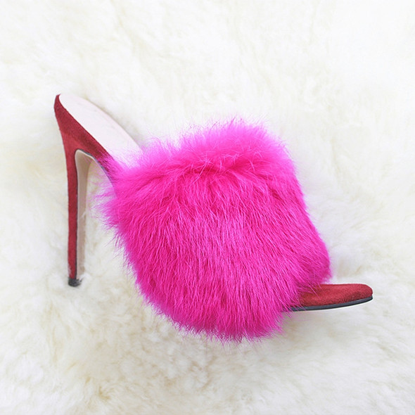 Rabbit Fur High Heel Sandals Party Women Shoes, Size:38(Rose Red)