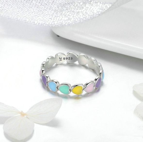 S925 Sterling Silver Heart-shaped Rainbow Ring Female Ring Valentines Day Gift, Size:8 US Size