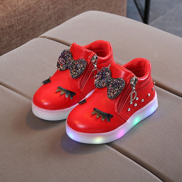 Kids Shoes Baby Infant Girls Eyelash Crystal Bowknot LED Luminous Boots Shoes Sneakers, Size:21(Red)