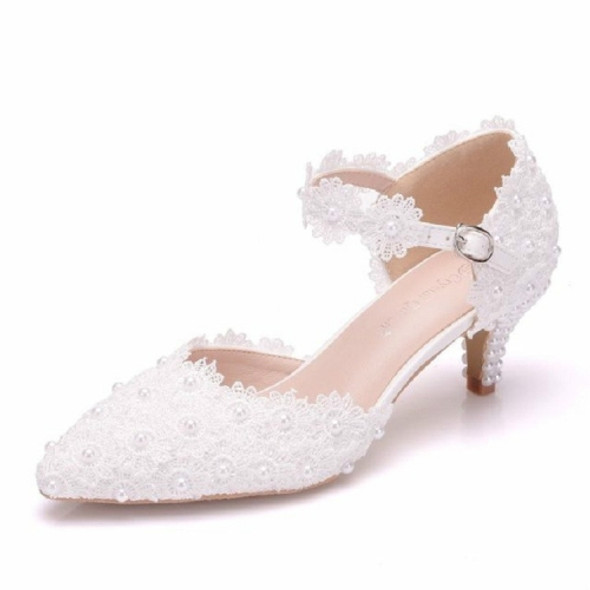 Women Shoes Lace Pearl Princess Pointed Shoes, Size:42(White 5.5 cm)