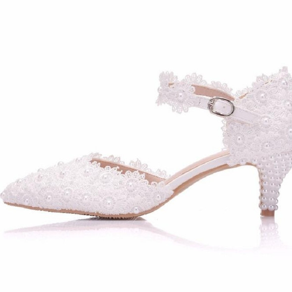 Women Shoes Lace Pearl Princess Pointed Shoes, Size:42(White 5.5 cm)