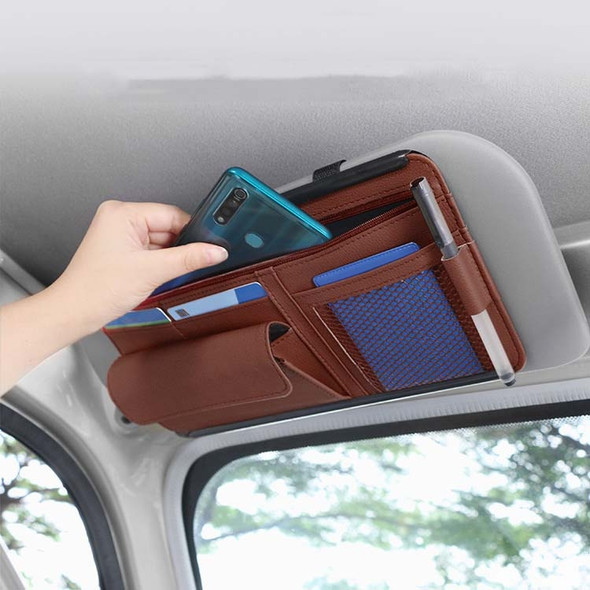 Car Sun Block Glasses Case Document Holder Car Plastic Frame Zipper Type Multi-Function Card Bag Storage Bag(Brown)