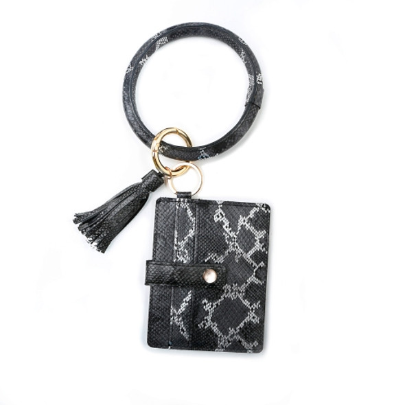 Wrist Ring PU Leather Card Case Key Chain Coin Purse(Black Snake )