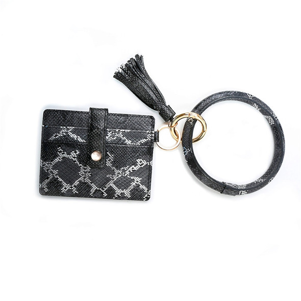 Wrist Ring PU Leather Card Case Key Chain Coin Purse(Black Snake )