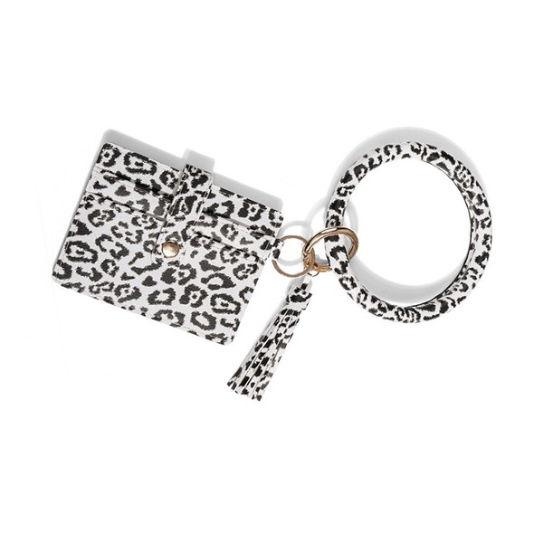 Wrist Ring PU Leather Card Case Key Chain Coin Purse(White Leopard )