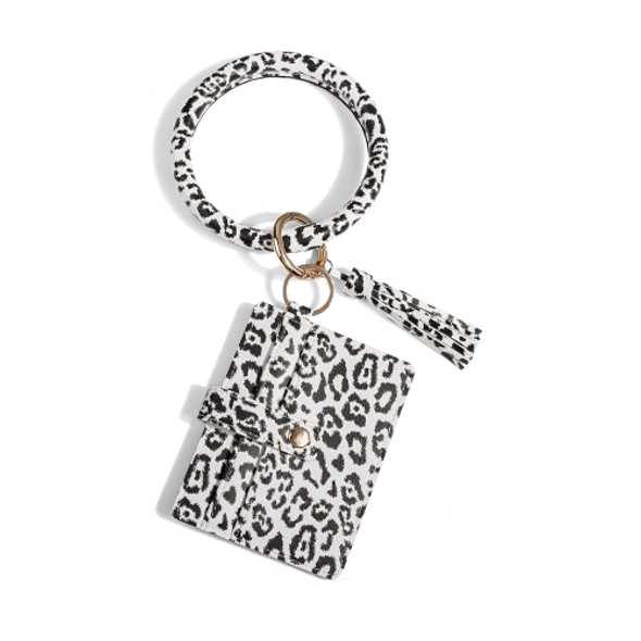 Wrist Ring PU Leather Card Case Key Chain Coin Purse(White Leopard )