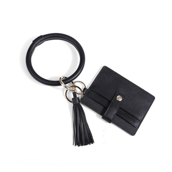 Wrist Ring PU Leather Card Case Key Chain Coin Purse(Black )