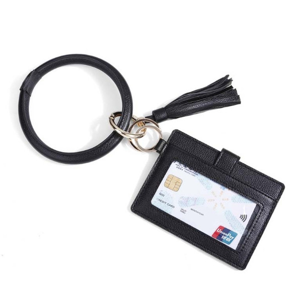 Wrist Ring PU Leather Card Case Key Chain Coin Purse(Black )