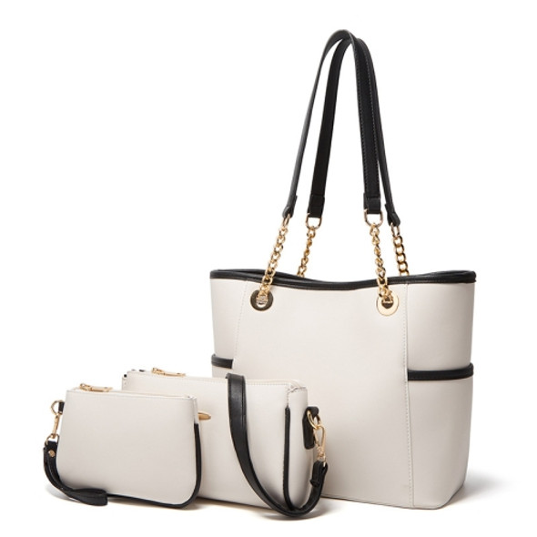 3 in 1 Ladies Simple All-Match Handbag Soft Leather Messenger Bag(White)
