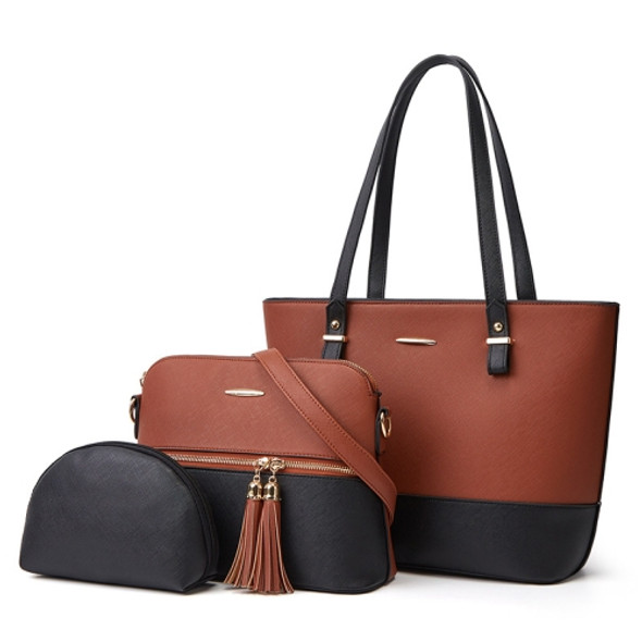 3 in 1 Fashion Simple Lady Diagonal Large Capacity Handbag Letter Bag(Brown + Black)