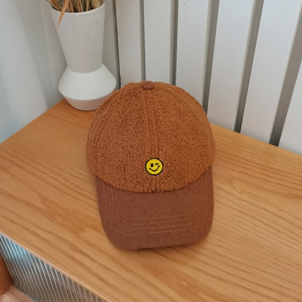 Autumn And Winter All-Match Lamb Wool Warm Baseball Cap Smiley Face Embroidery Curved Brim Cap, Size: M (56-58cm)(Camel)