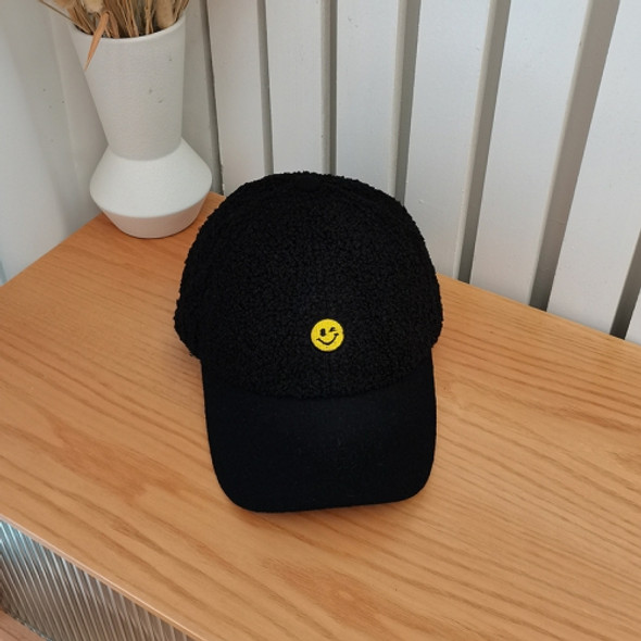 Autumn And Winter All-Match Lamb Wool Warm Baseball Cap Smiley Face Embroidery Curved Brim Cap, Size: M (56-58cm)(Black)