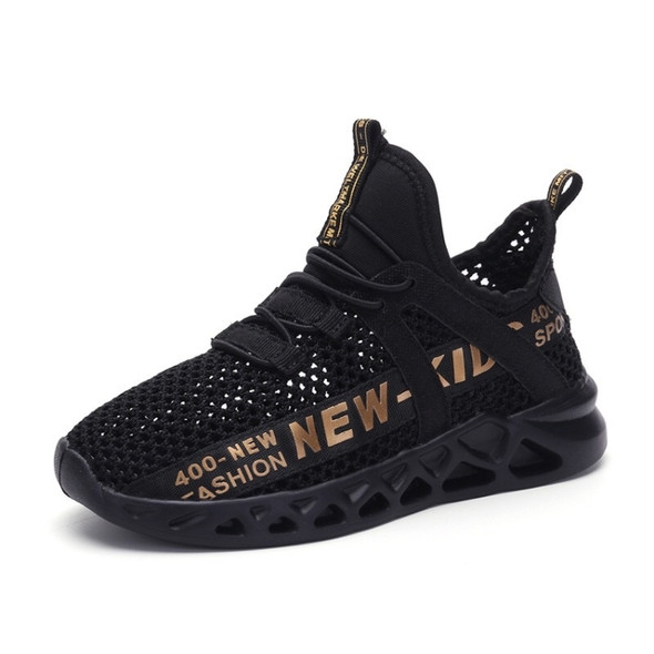 Mesh Breathable Lightweight Fashion Outdoor Sport Shoes (Color:Black Gold Size:32)