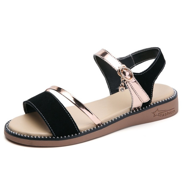 Suede Casual Simple Non-slip Wear Resistant Flat Bottom Women Sandals (Color:Black Size:39)