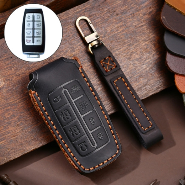 Hallmo Car Cowhide Leather Key Protective Cover Key Case for Hyundai Rohens Genesis 8-button(Black)