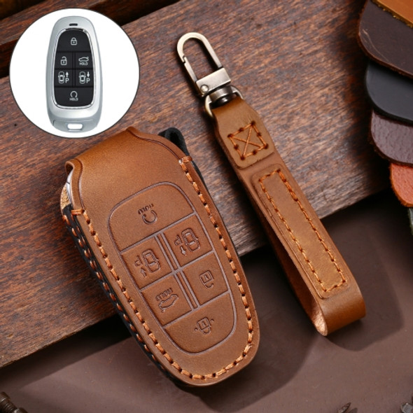 Hallmo Car Cowhide Leather Key Protective Cover Key Case for Hyundai 6-button (Brown)