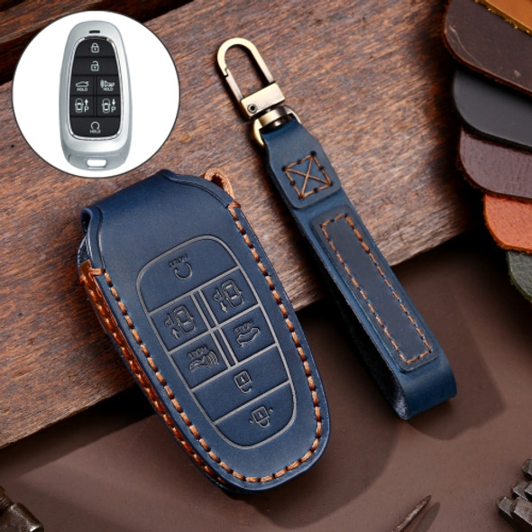 Hallmo Car Cowhide Leather Key Protective Cover Key Case for Hyundai 7-button (Blue)