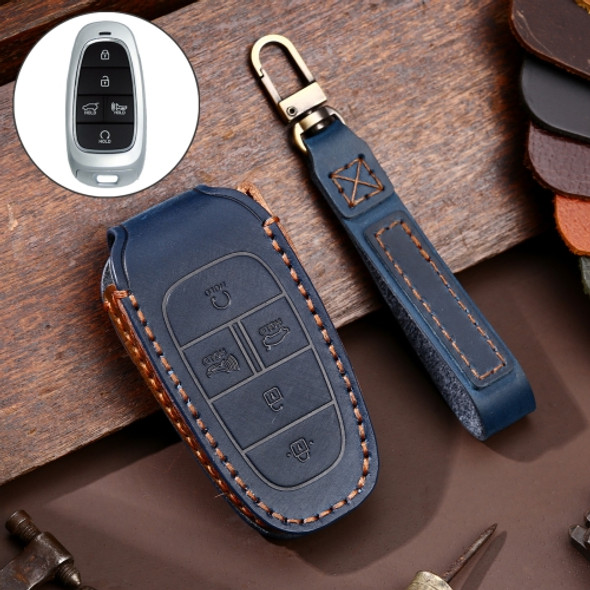 Hallmo Car Cowhide Leather Key Protective Cover Key Case for Hyundai 5-button (Blue)