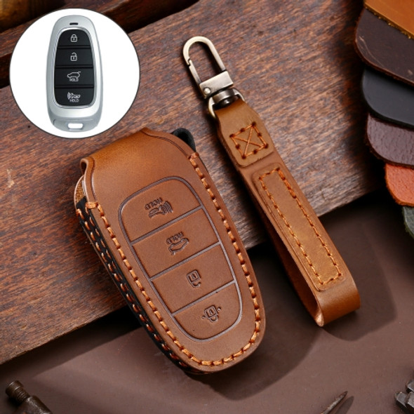 Hallmo Car Cowhide Leather Key Protective Cover Key Case for Hyundai 4-button (Brown)
