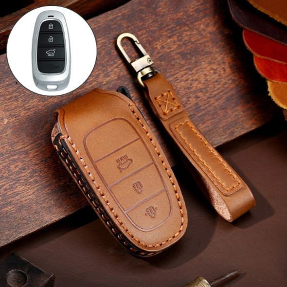 Hallmo Car Cowhide Leather Key Protective Cover Key Case for Hyundai 3-button (Brown)
