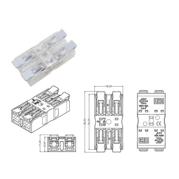 10 PCS Fast Terminal Block 2P Dual Pressing Terminal Connector Spring-Type Un-Lock Screw Connector, Specification: 928-2 Transparent Wide