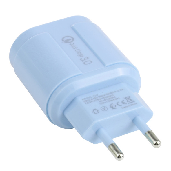 13-222 QC3.0 USB + 2.1A Dual USB Ports Macarons Travel Charger, EU Plug(Blue)
