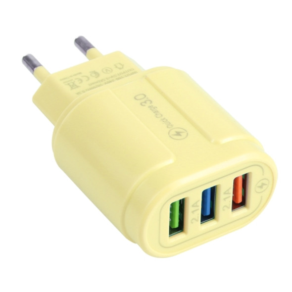 13-222 QC3.0 USB + 2.1A Dual USB Ports Macarons Travel Charger, EU Plug(Yellow)