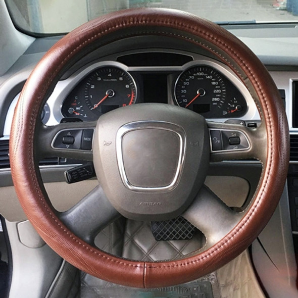 Universal Car Genuine Leather Pinhole Steering Wheel Cover, Diameter: 38cm(Coffee)