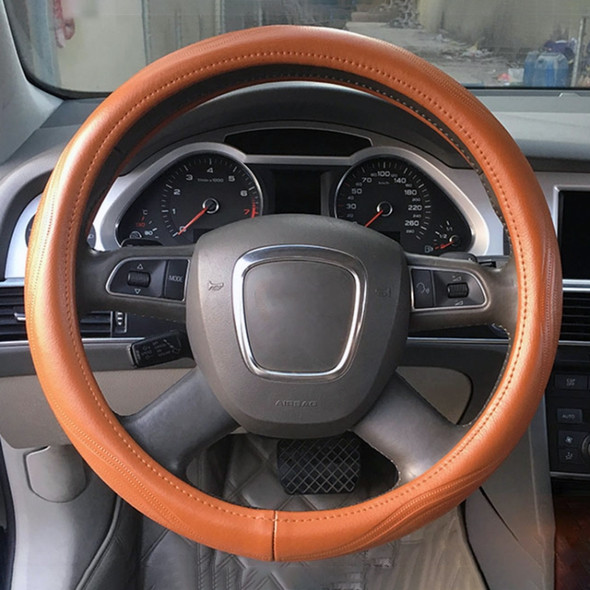 Universal Car Genuine Leather Pinhole Steering Wheel Cover, Diameter: 38cm(Brown)