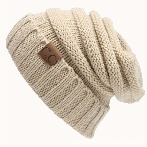 CC Letter Solid Color Wool Hats Concise Knitting Hat (Beige)
