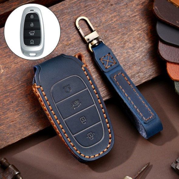 Hallmo Car Cowhide Leather Key Protective Cover Key Case for Hyundai 4-button Start (Blue)