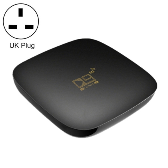 D9 4K Smart TV BOX Android 10.0 Media Player, Amlogic S905L2 up to 1.5GHz, Quad Core ARM Cortex-A53, RAM: 2GB, ROM: 16GB, Support Dual Band WiFi, Bluetooth, Ethernet, UK Plug