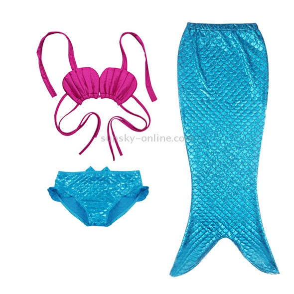 Girl Mermaid Tail 3 Pieces Swimmable Bikini Set Cute Swimsuit with Hat, Size: 130cm(Blue)