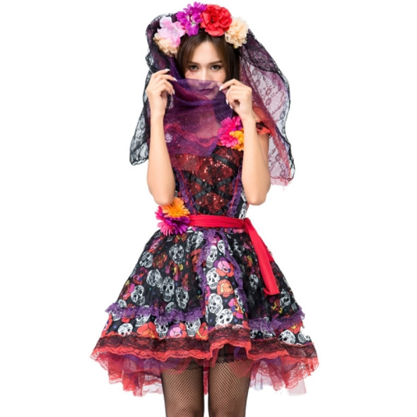 PS8527 Halloween Costume Rose Skull Print Ghost Bride Dress, Size: XL(Red)