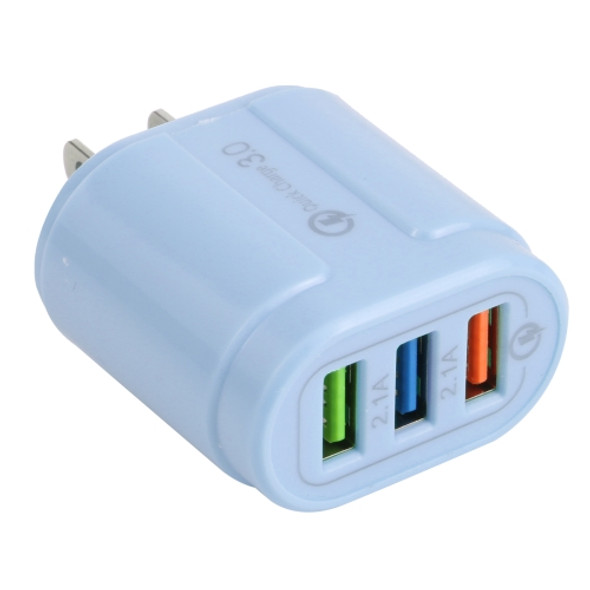 13-222 QC3.0 USB + 2.1A Dual USB Ports Macarons Travel Charger, US Plug(Blue)