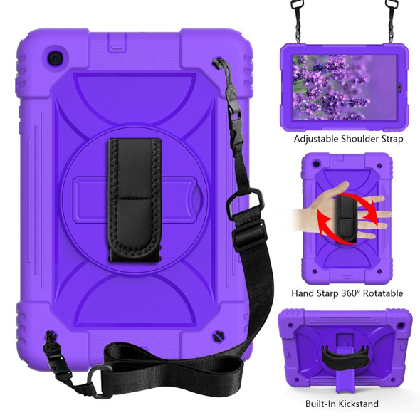 For Samsung Galaxy Tab A 10.1 (2019) T510/T515 Shockproof PC + Silicone Combination Case with Holder & Hand Strap & Shoulder Strap(Purple + Purple)