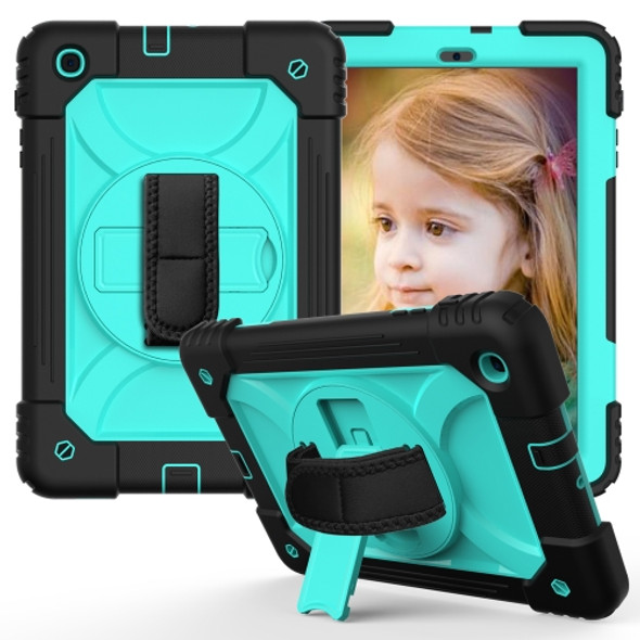 For Samsung Galaxy Tab A 10.1 (2019) T510/T515 Shockproof PC + Silicone Combination Case with Holder & Hand Strap & Shoulder Strap(Black + Mint Green)