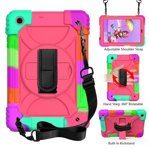 For Samsung Galaxy Tab A 10.1 (2019) T510/T515 Shockproof PC + Silicone Combination Case with Holder & Hand Strap & Shoulder Strap(Colorful + Rose Red)