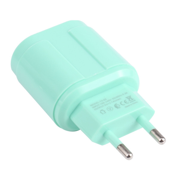 13-22 2.1A Dual USB Macarons Travel Charger, EU Plug(Green)