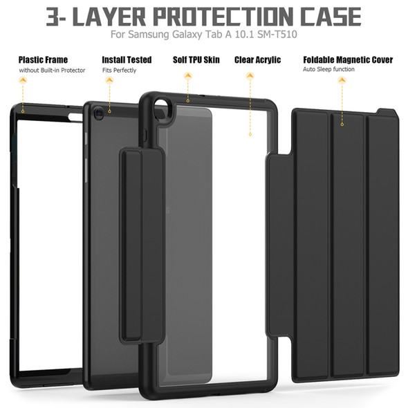 For Samsung Galaxy Tab A 10.1 (2019) T510/T515 Acrylic + TPU Horizontal Flip Smart Leather Case with Three-folding Holder & Pen Slot & Wake-up / Sleep Function(Black)
