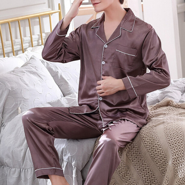 Simulation Silk Long Sleeve Long Pant Man Pajamas Set, Size:XXL(Brown)