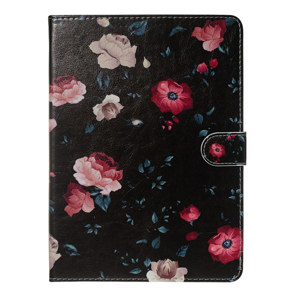 For iPad Air / Air 2 / iPad Pro 9.7 (2016) / iPad 9.7 (2017) / iPad 9.7 (2018) Colored Drawing Pattern Horizontal Flip PU Leather Case with Holder & Card Slots(Black Backgroud Flower)